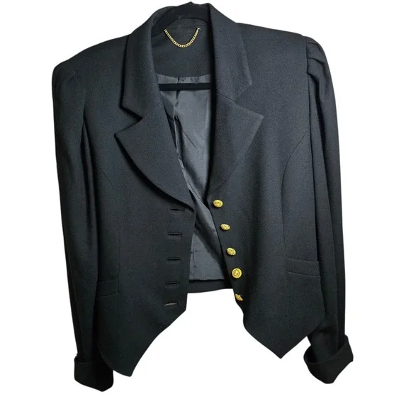 Doncaster Black Tailored Wool Jacket Gold Button Cropped Blazer Made in USA - Picture 3 of 10